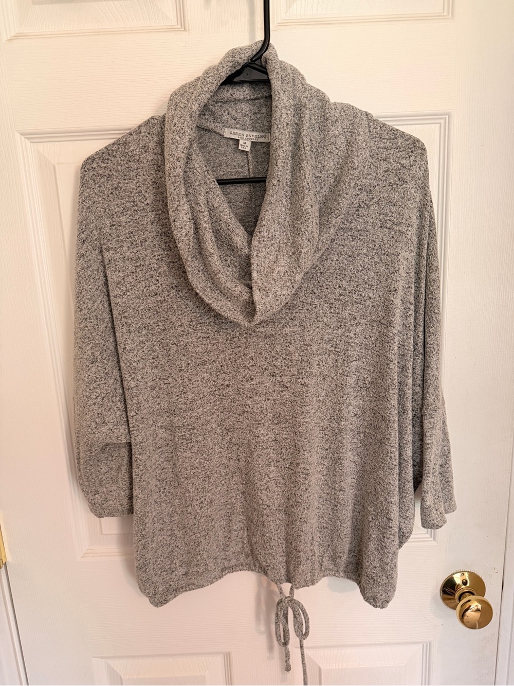 Green Envelope Gray Cowl Neck Drawstring Sweater